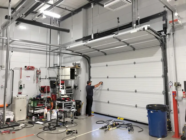 Brook Park Garage Door Repair certified technician performing commercial door repair at a Brook Park business facility
