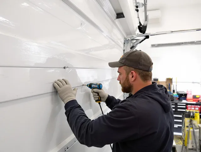 Brook Park Garage Door Repair technician demonstrating precision dent removal techniques on a Brook Park garage door