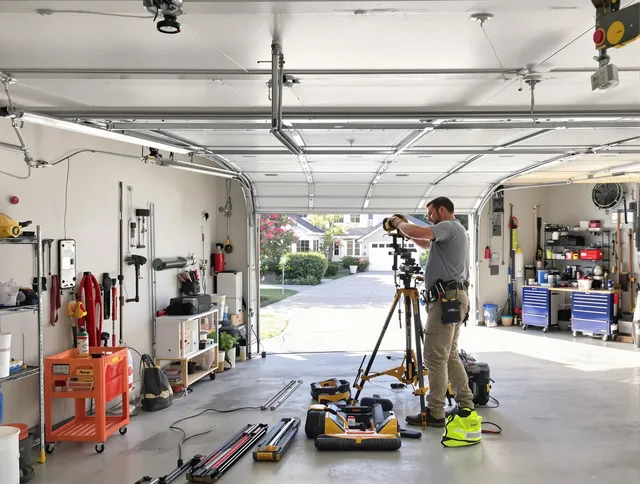 Brook Park Garage Door Repair specialist performing laser-guided track alignment in Brook Park